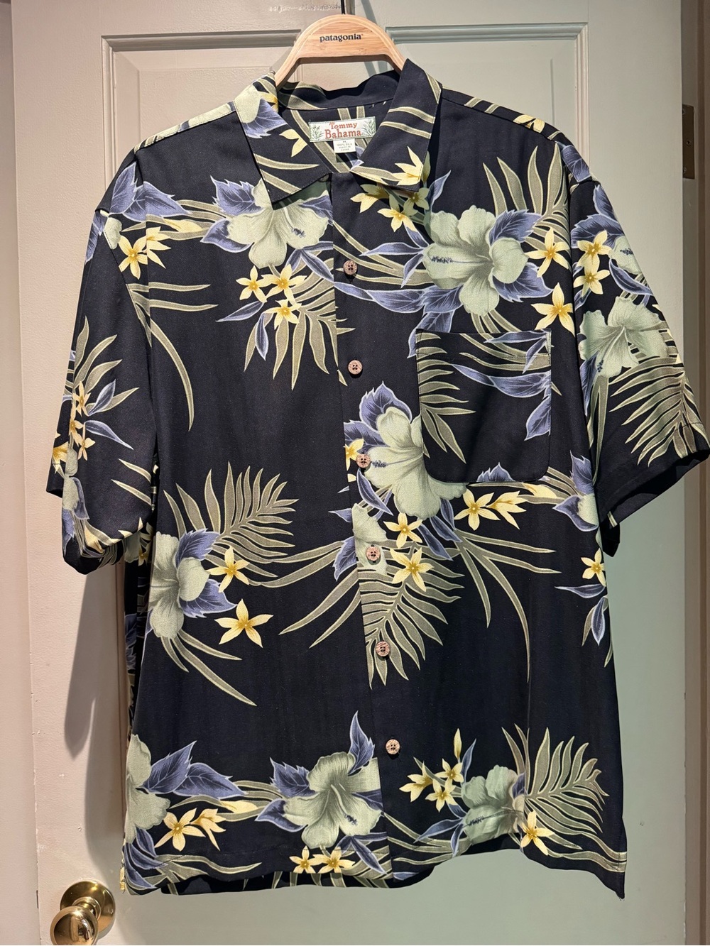 Tommy Bahama Silk Black Floral Tropical Camp Shirt with Green and Yellow